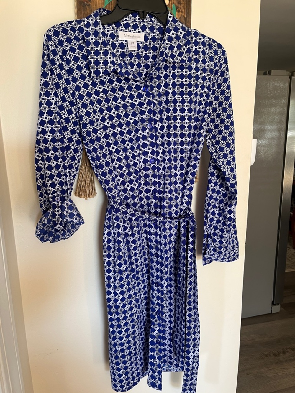 Motherhood Maternity Blue White Geometric Belted Button Down Midi Dress, Size M